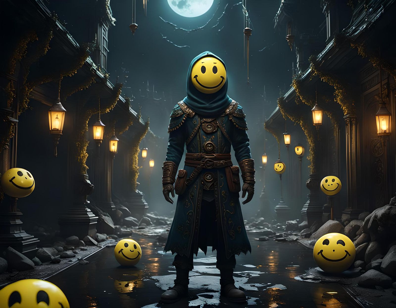 Figure in Darkness with Smiley Mask: Fantasy Art