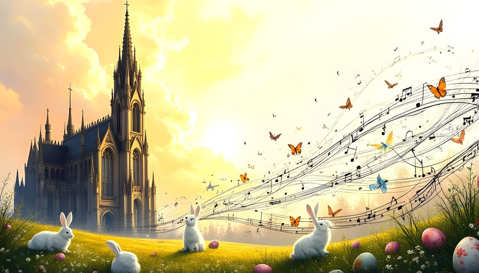 Surreal Cathedral Landscape with Swirling Music Staves and G...