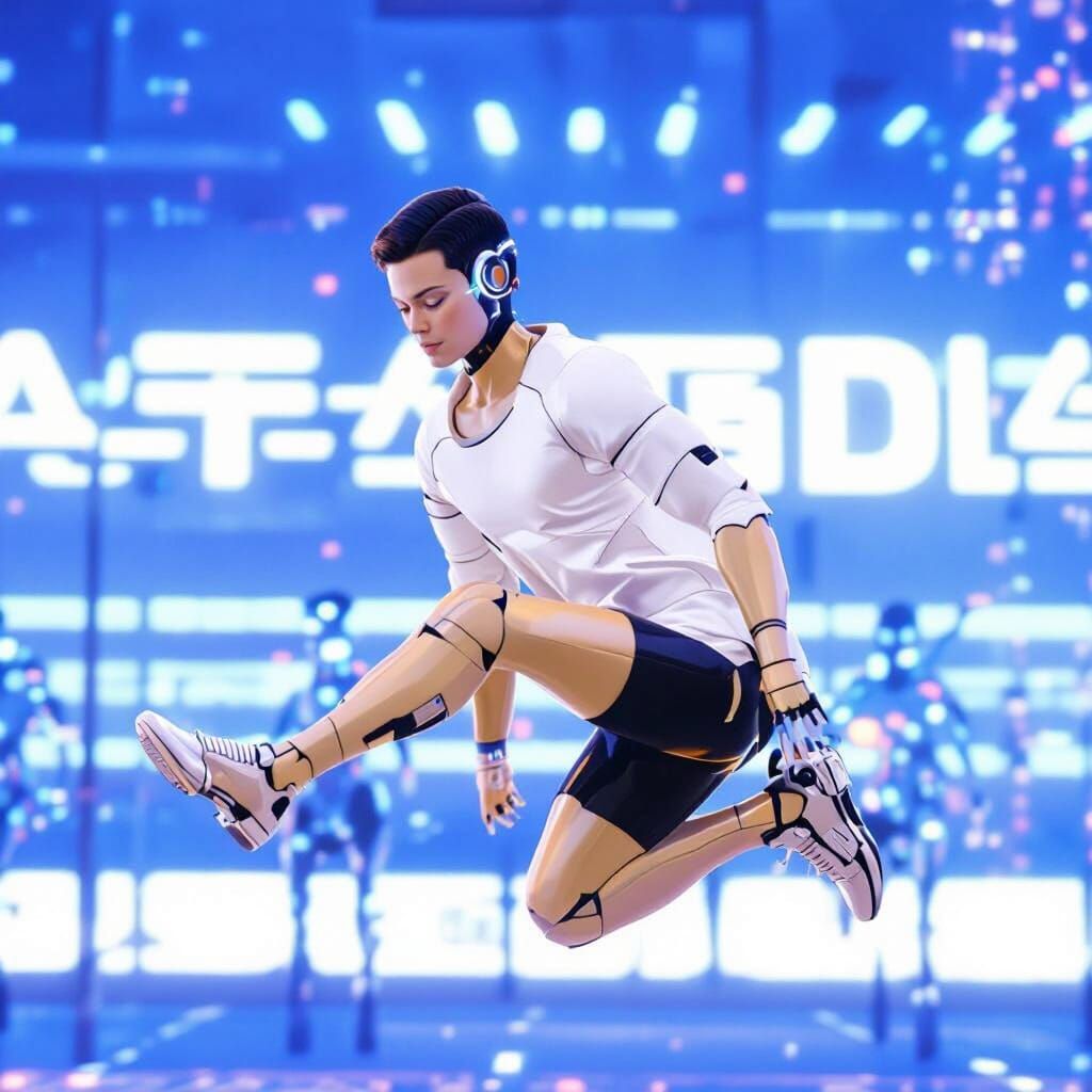 Futuristic Cityscape with Chrome Robots at Dusk