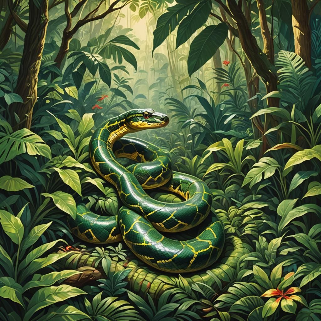 Anaconda Slithers Through Jungle: Wildlife Illustration
