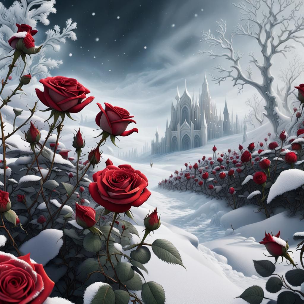 Surreal Red Roses in Snow, 8k Digital Art