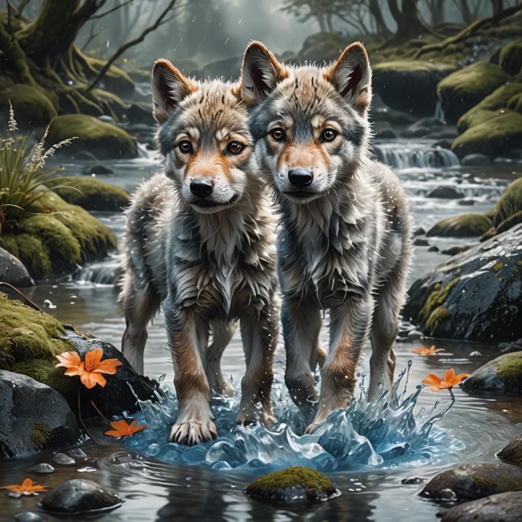 Wolf Pup Splashing in Stream: Digital Fantasy Art