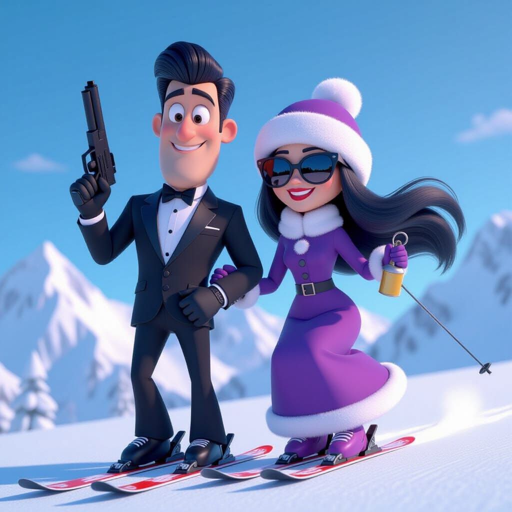 Skiing Adventure: Man and Woman in Pixar Style