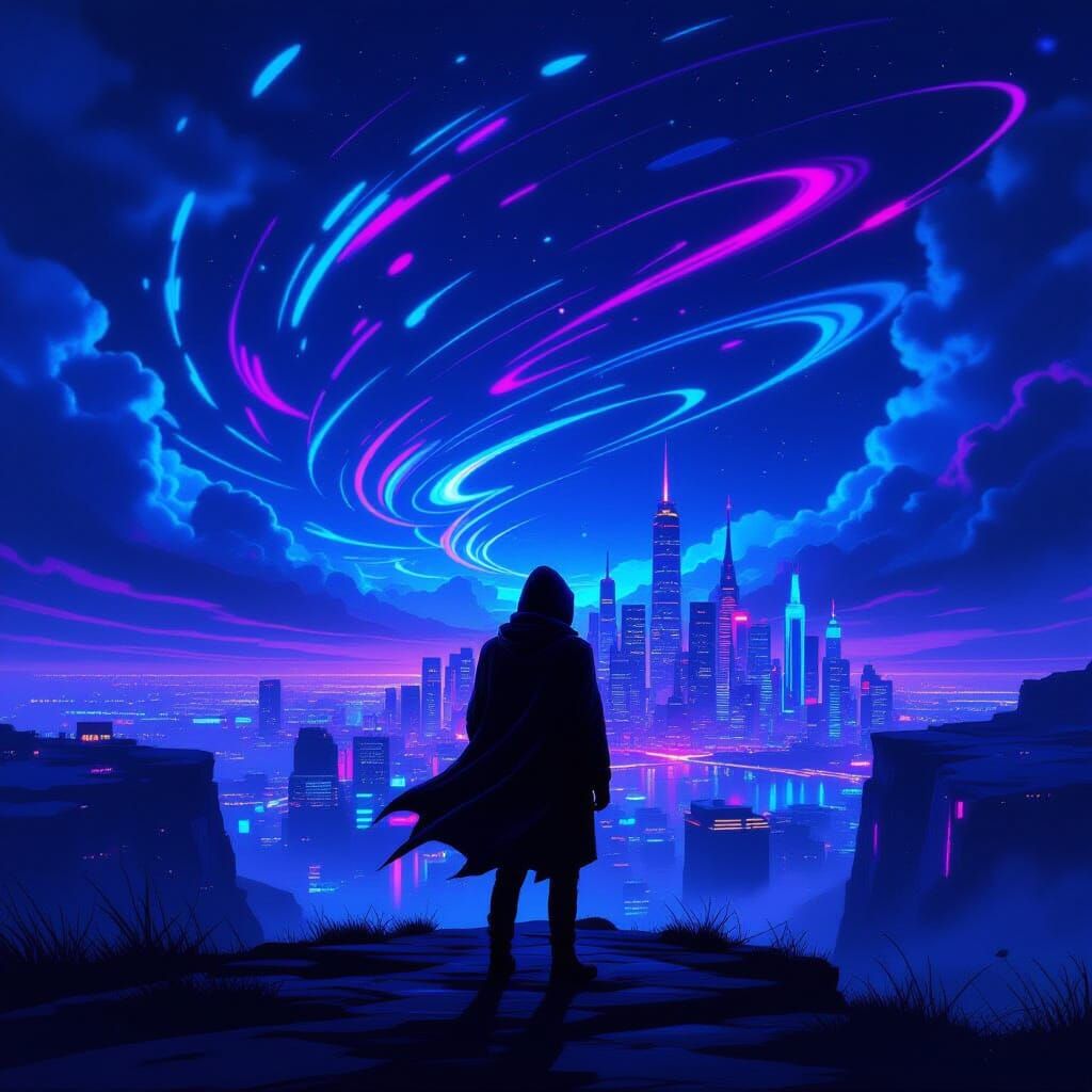 Neon Noir Figure Gazing at Synthwave Cityscape