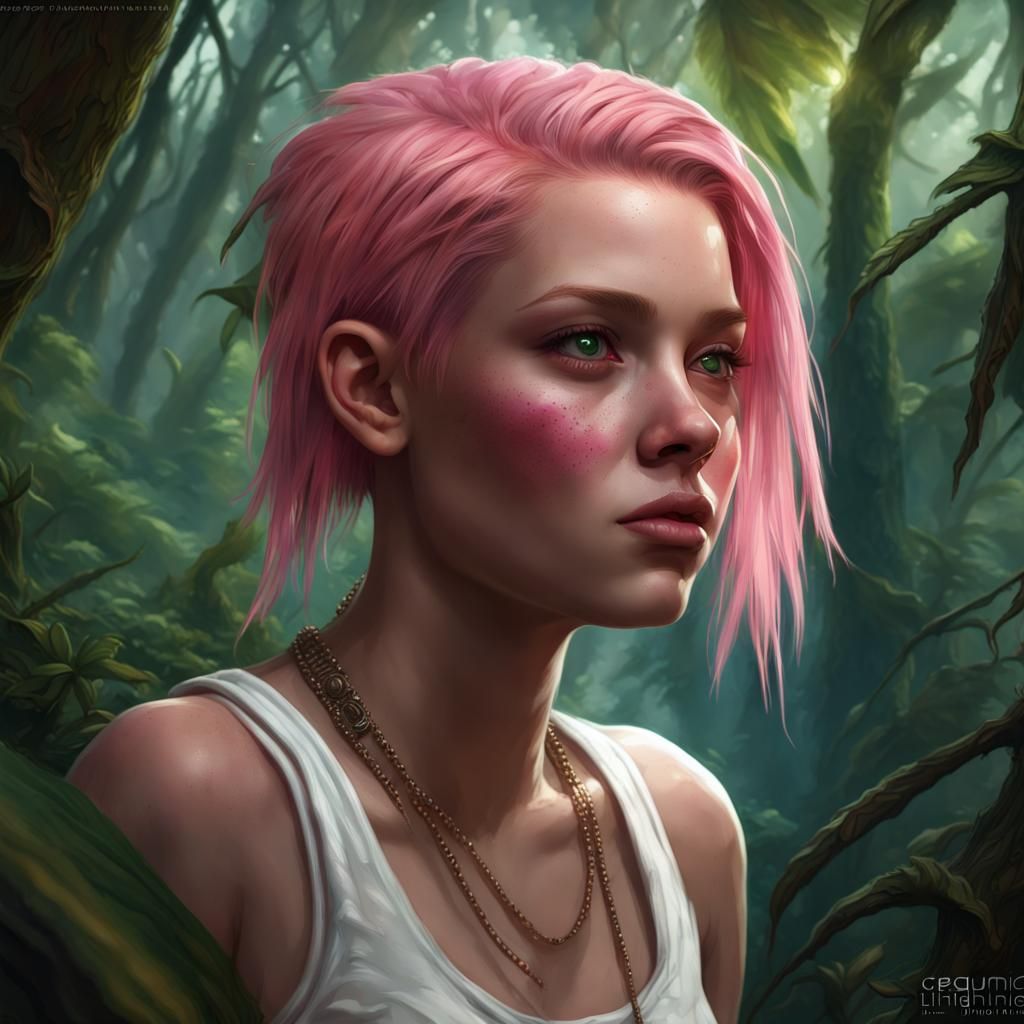 Teenage Girl Lost in DMT Jungle, Hyperdetailed Dark Fantasy