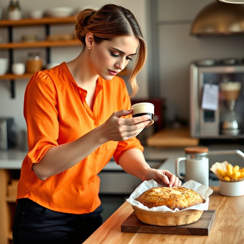 Elegant Woman in Orange Blouse Amidst Fresh Baked Goods