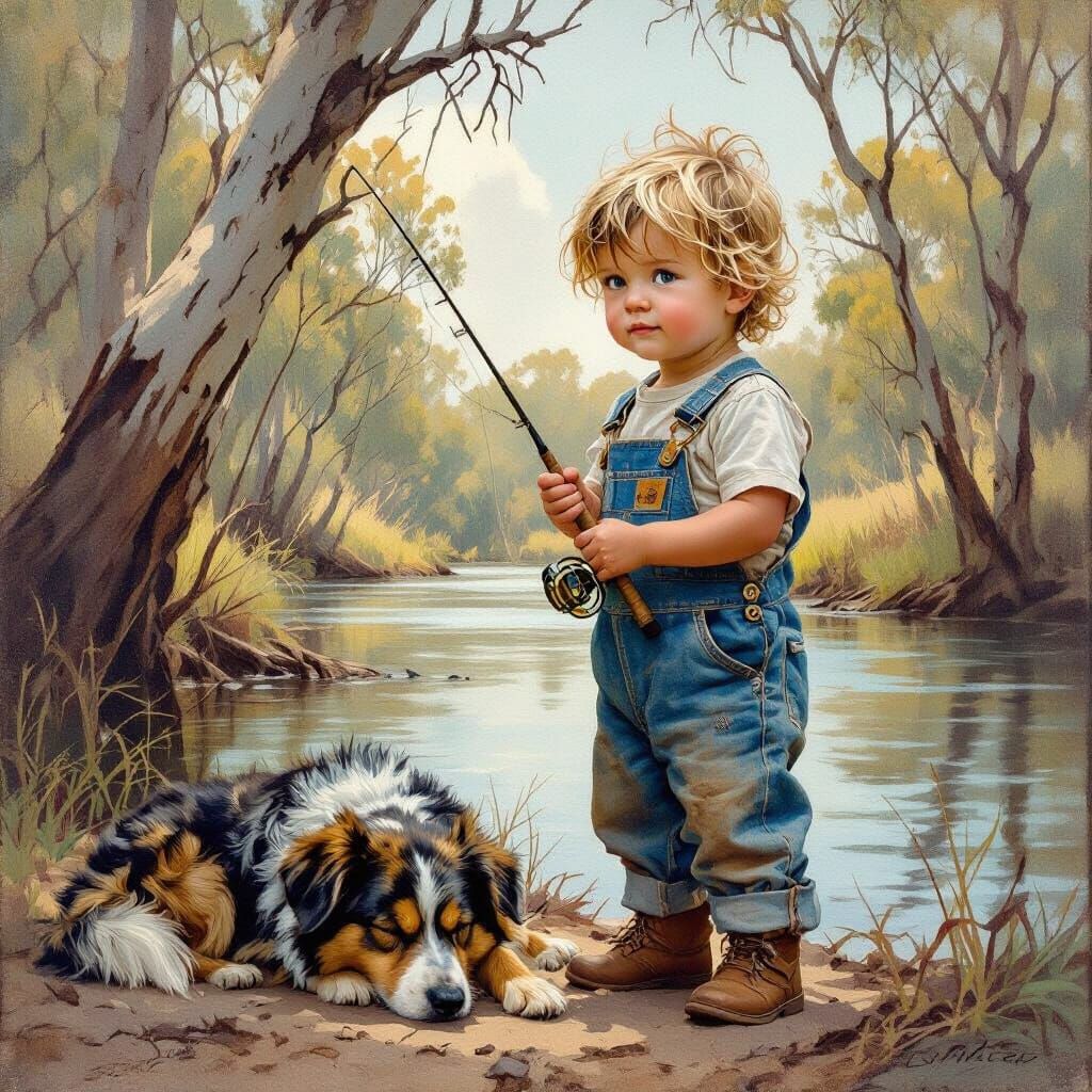 Toddler Fishing in Australian River, Hyperrealistic Oil Pain...
