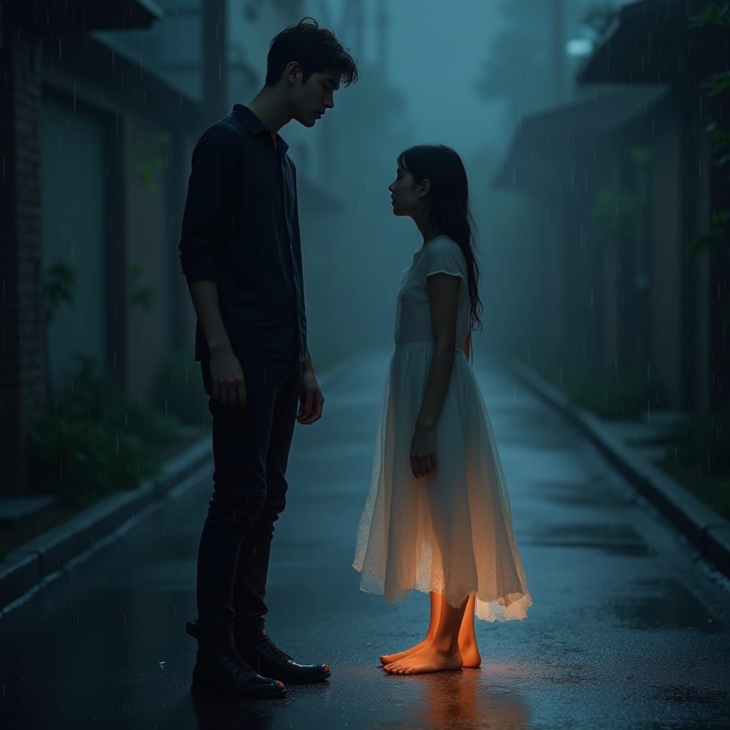 Rainy Night Encounter: A Cinematic Digital Painting