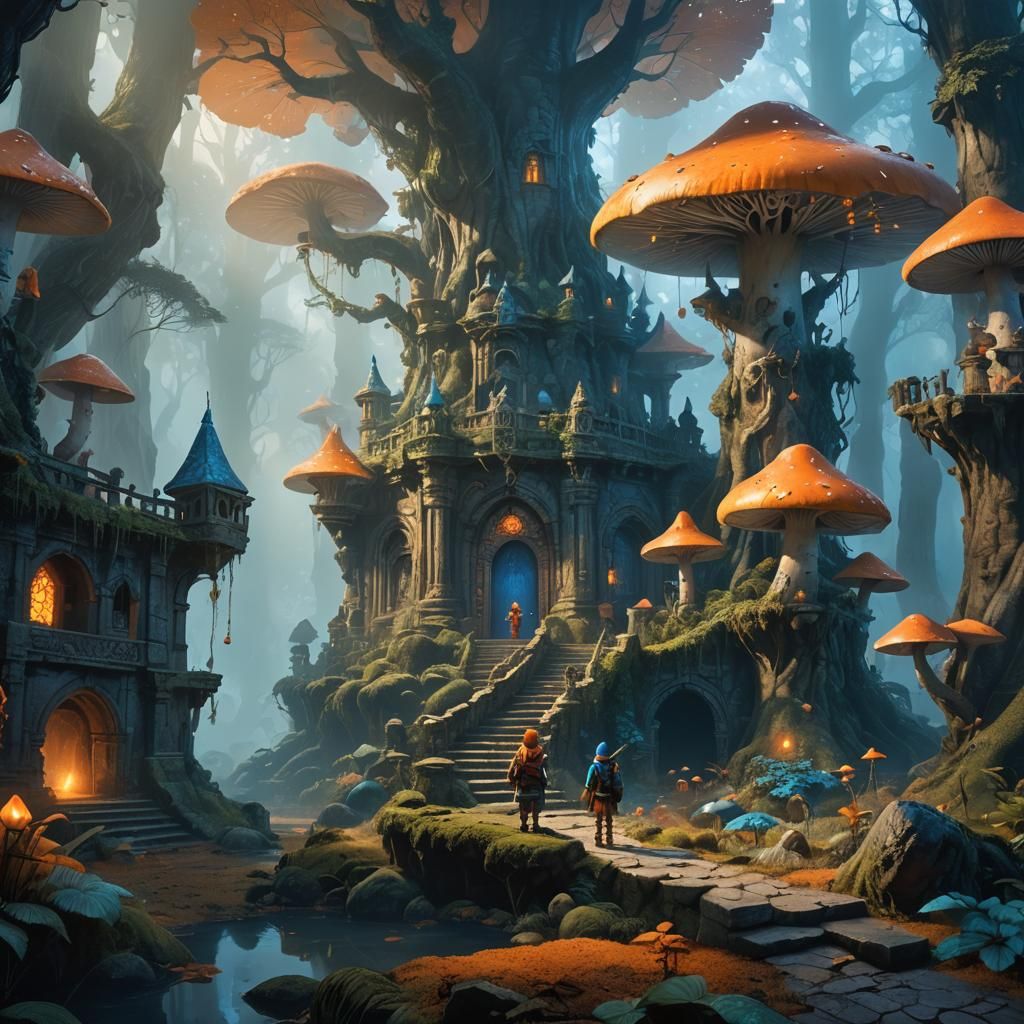 Mushroom Temple Discovery in Misty Forest