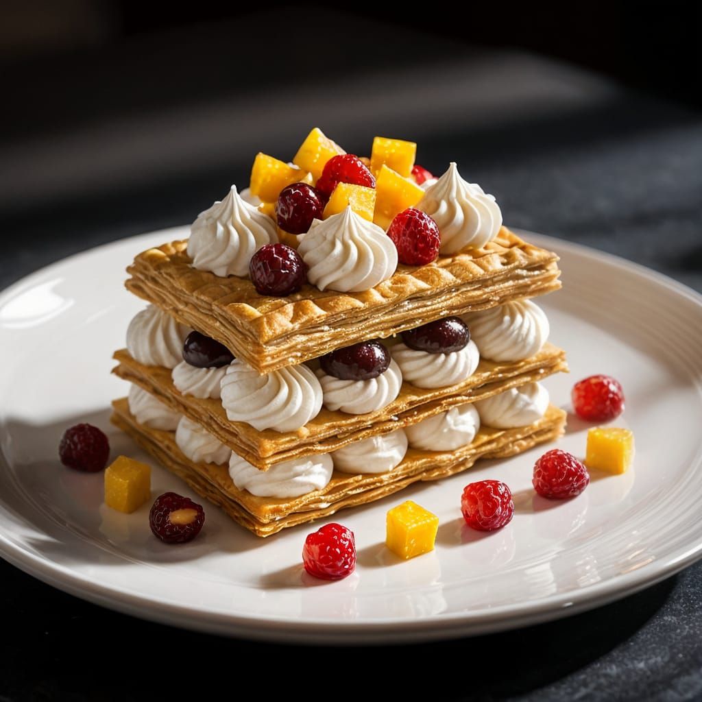 Exquisite Mille-Feuille Dessert with Vanilla Cream and Red F...