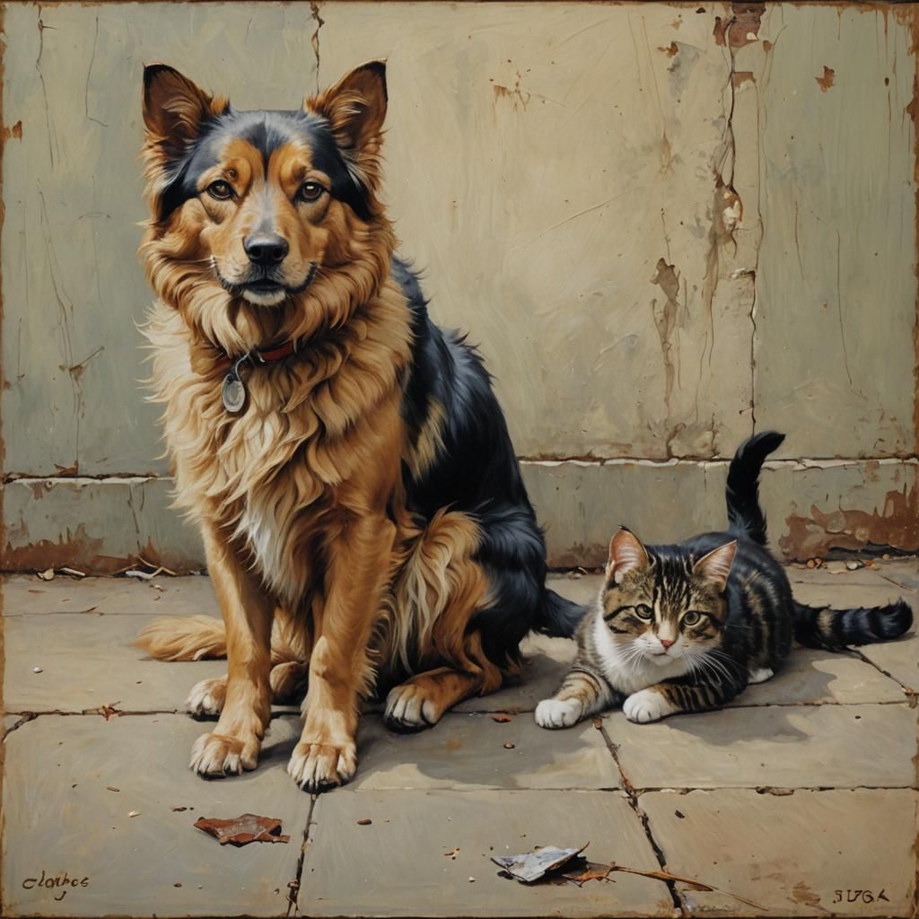 Dog and Cat Oil Painting