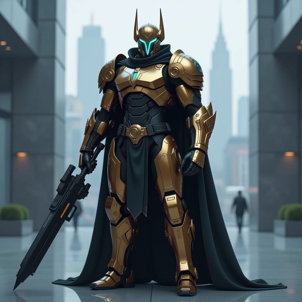 Cyborg Knight Prince in Cyberpunk Noir Cityscape