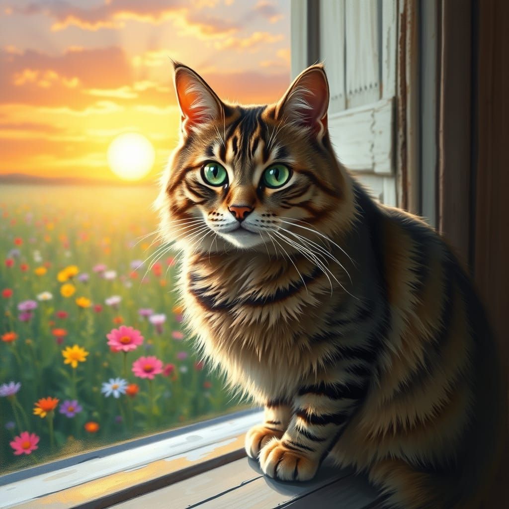 Impressionistic Tabby Cat Overlooking Wildflower Meadow