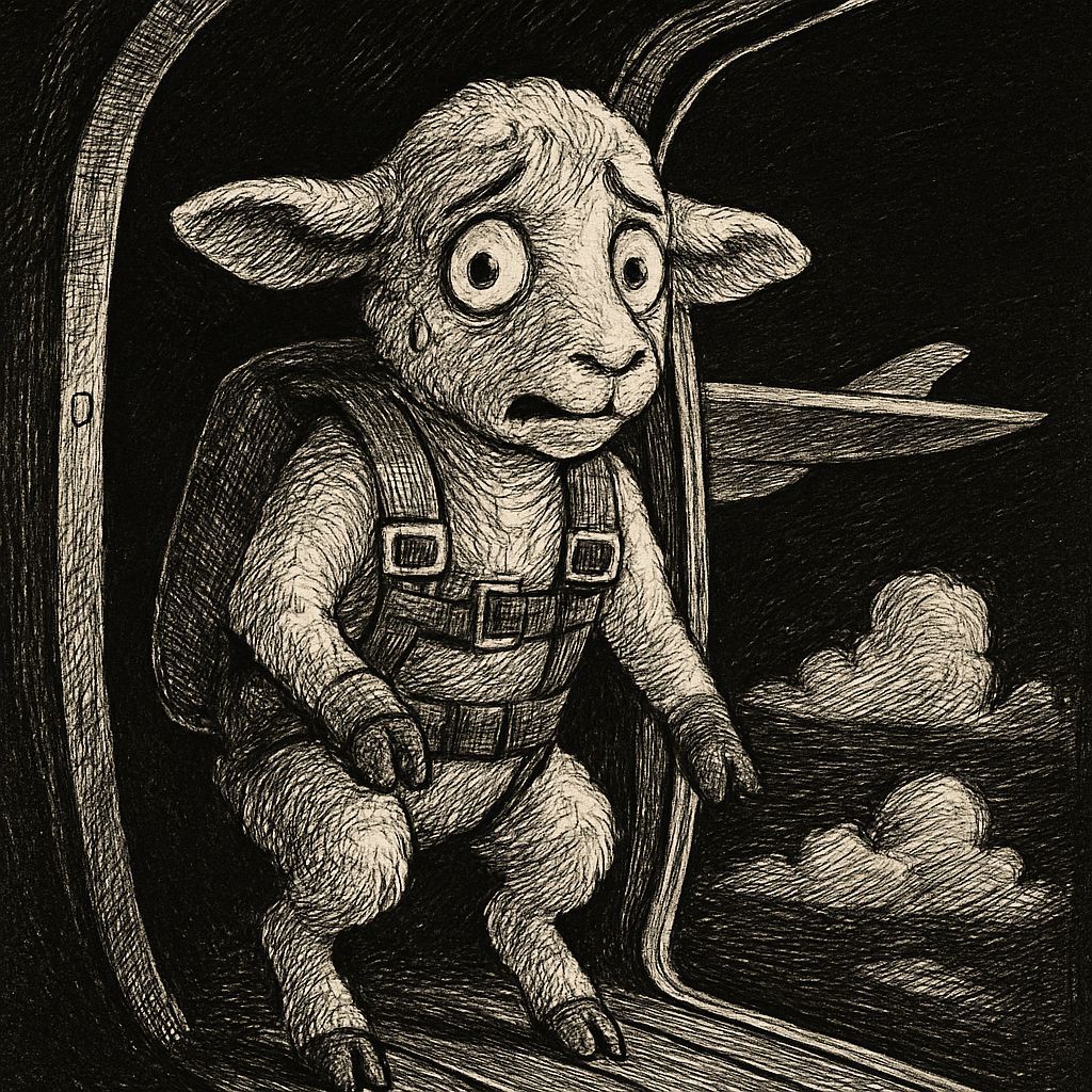 Nervous Lamb Parachuting: Ink and Crosshatching