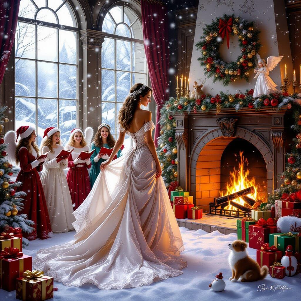 Beautiful Woman in Shimmering Gown at Festive Christmas Part...