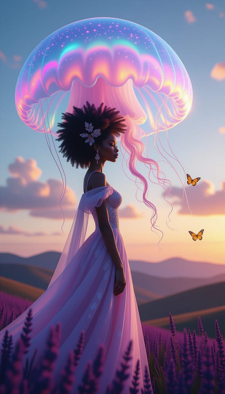 Elven Sorceress and Sky Jellyfish in Violet Dusk