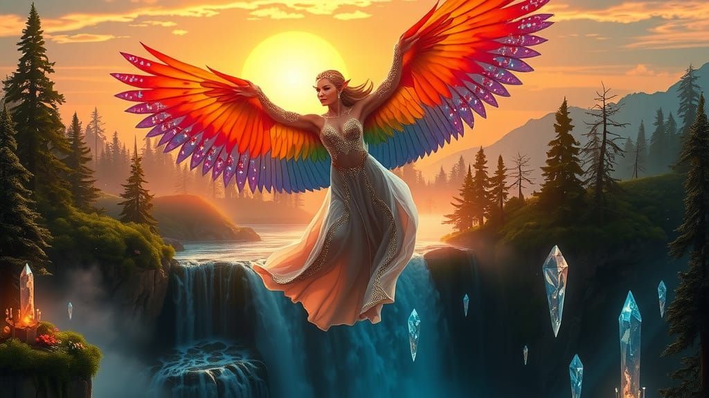 Elf on Phoenix Soaring Above Crystal Waterfall