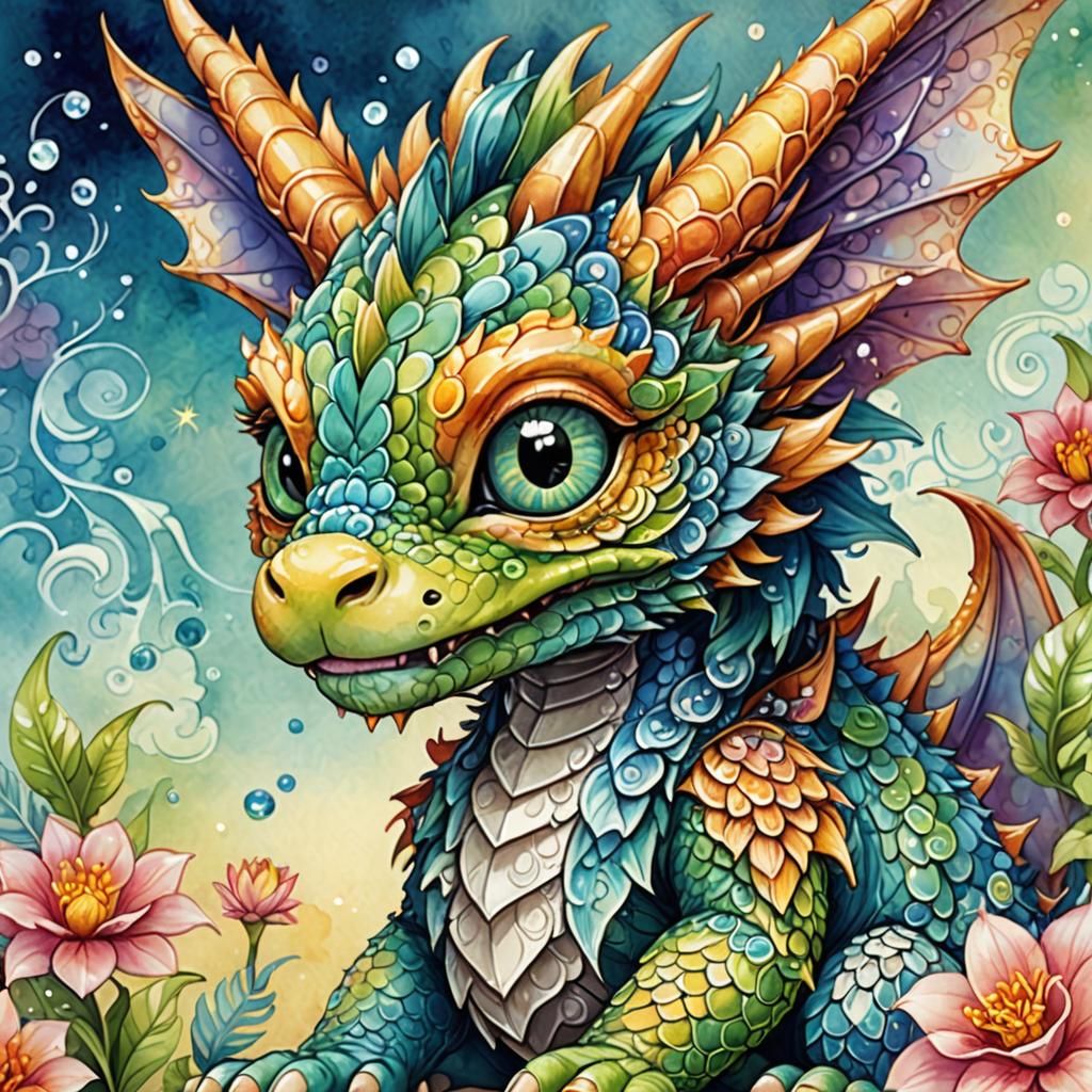 Cute Chibi Dragon in Watercolor, Fairytale Illustration