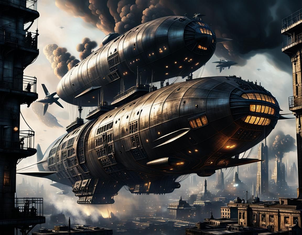 Neo Punk Airship Dominates Dystopian Cityscape