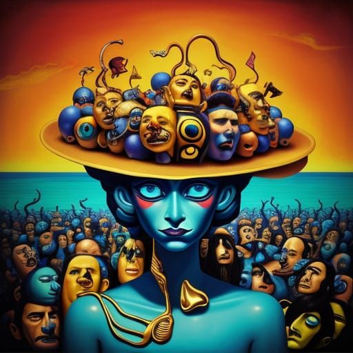 Surreal Figures with Melting Faces in Dreamlike Setting