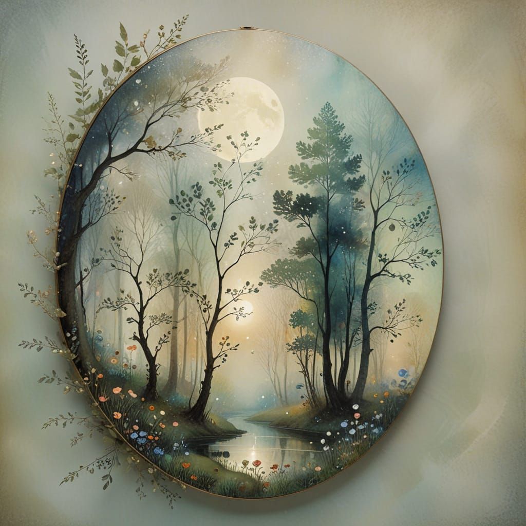 Mystical Moonlit Forest in Soft Watercolor Style