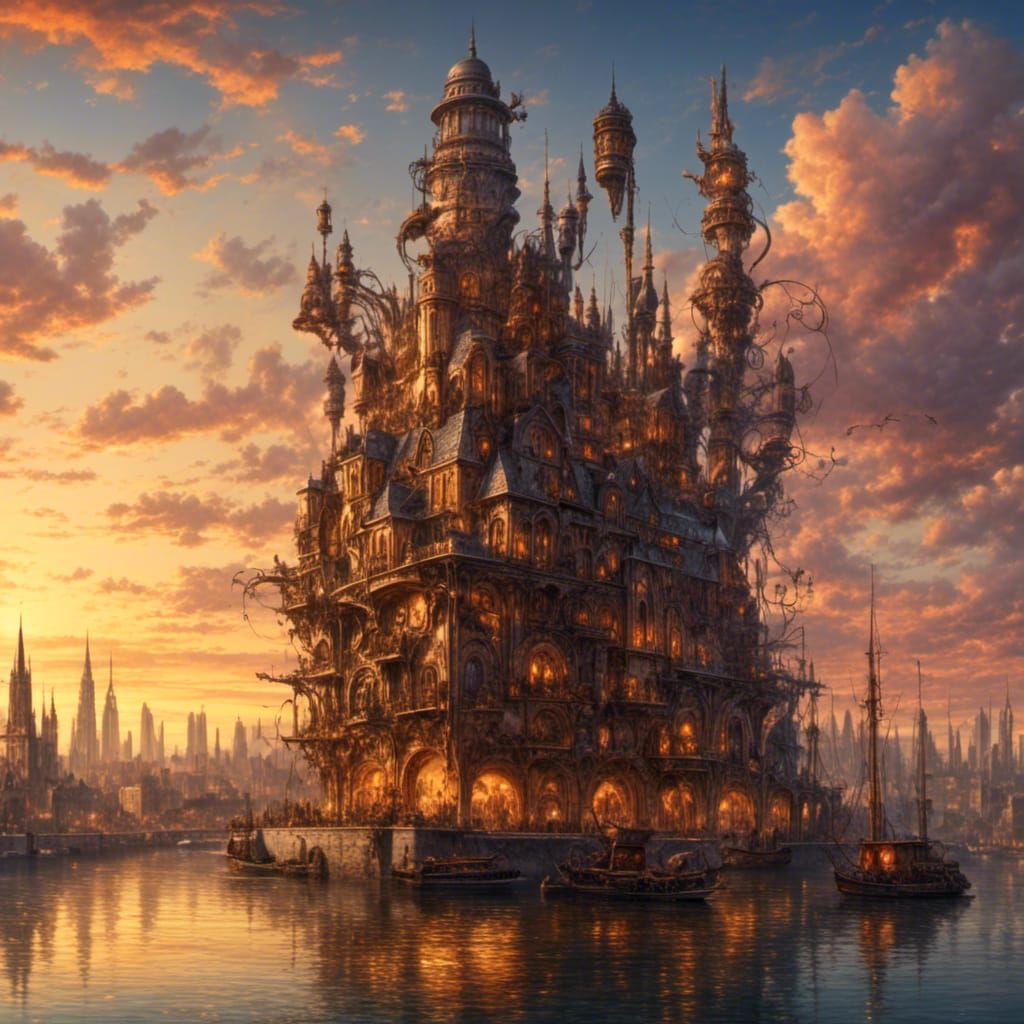 Steampunk Cityscape Sunset: A Surreal Engine Dream