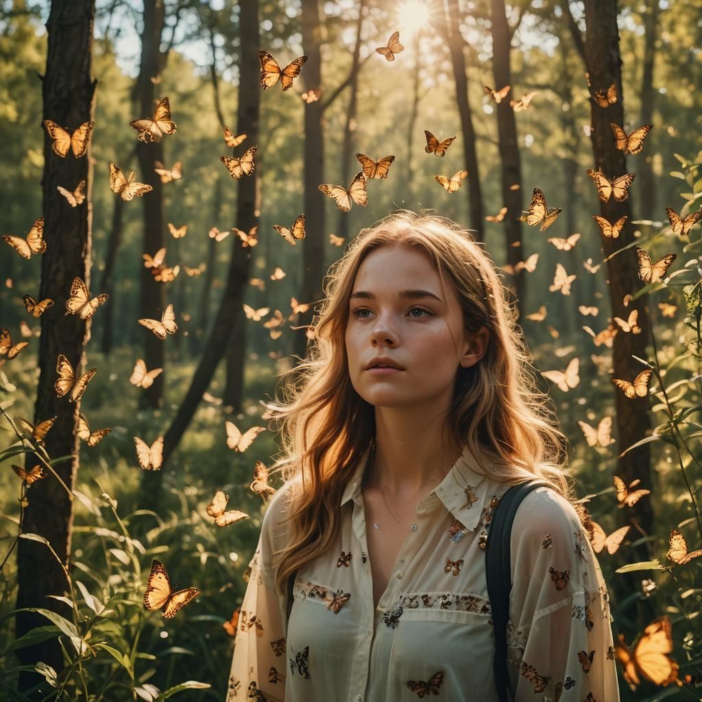 Woman Surrounded by Butterflies in Golden Light