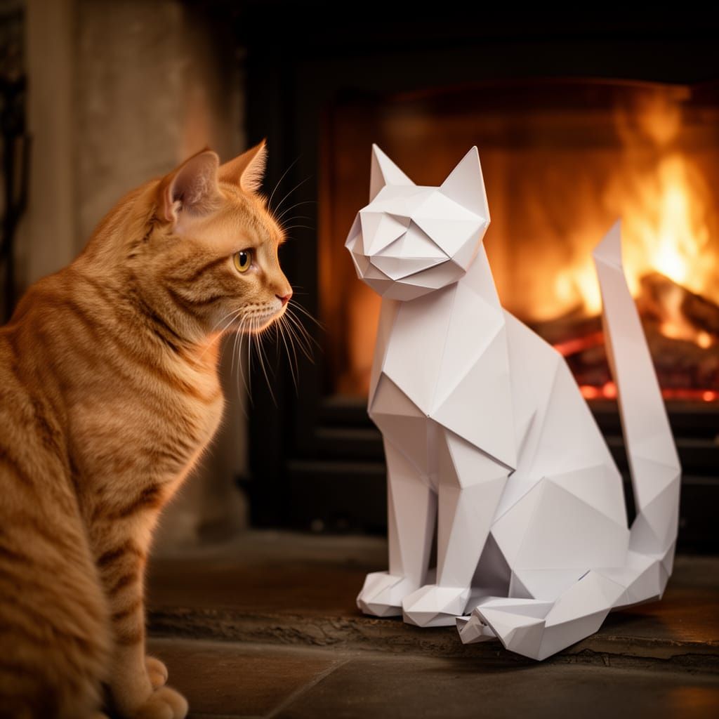 Ginger Cat Meets Origami Feline by Fireplace