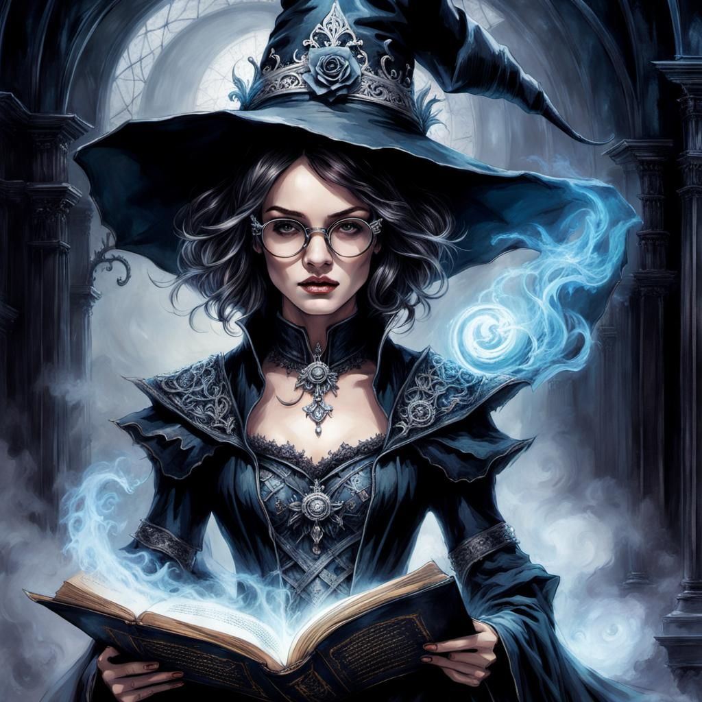 Academic Gothic Witch Reading in Ethereal Library