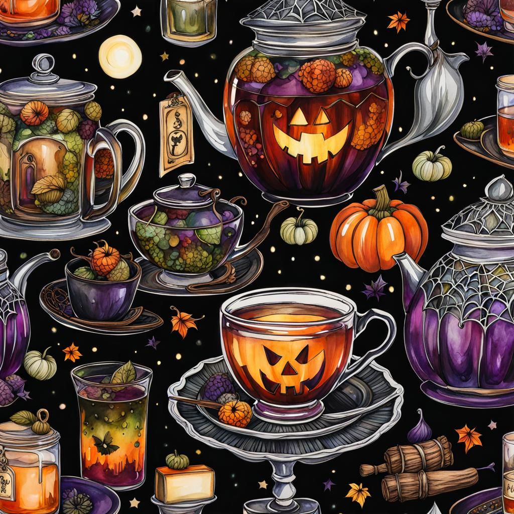 Witchy Halloween Tea Shop in Alcohol Ink Style