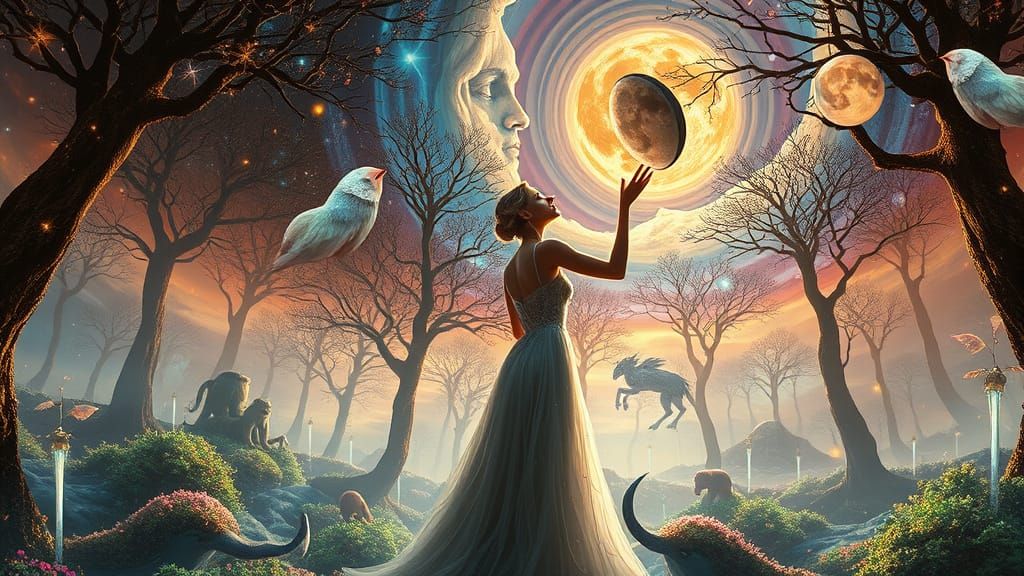 Cosmic Transhumanist Woman in Surreal Forest