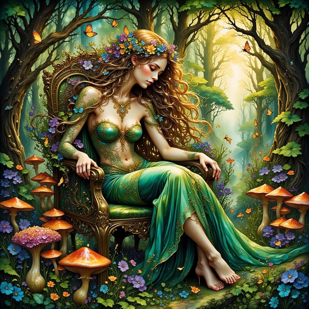 Enchanted Forest Nymph with Mushroom Throne, Art Nouveau
