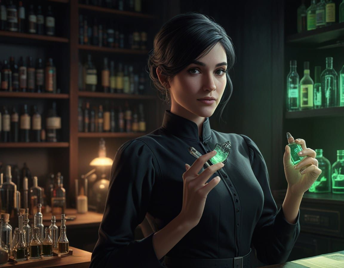 Elegant Scientist Holding Glowing Radium Vial