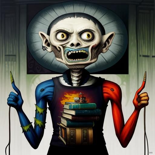 Disturbing Zombie Librarian in Art Brut Style