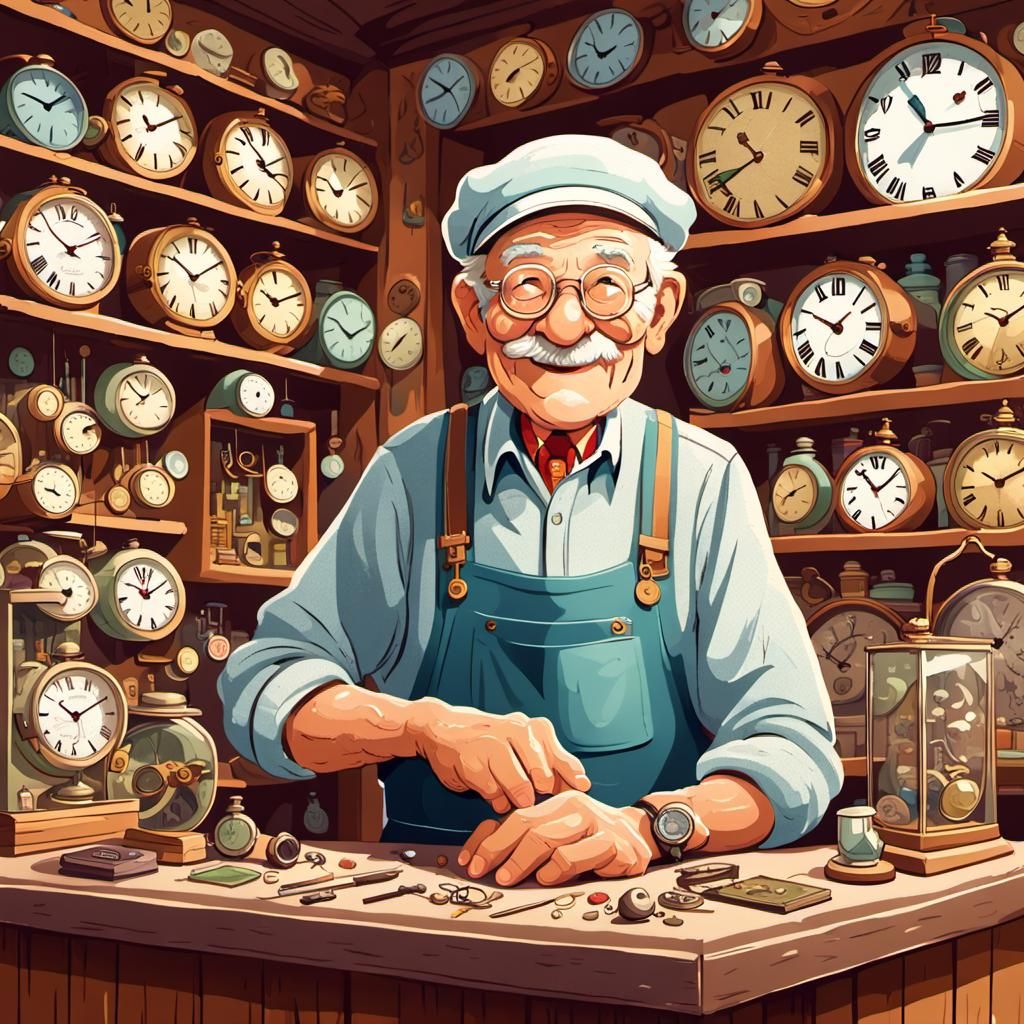 Whimsical Watch Repair Shop in Pixar Style