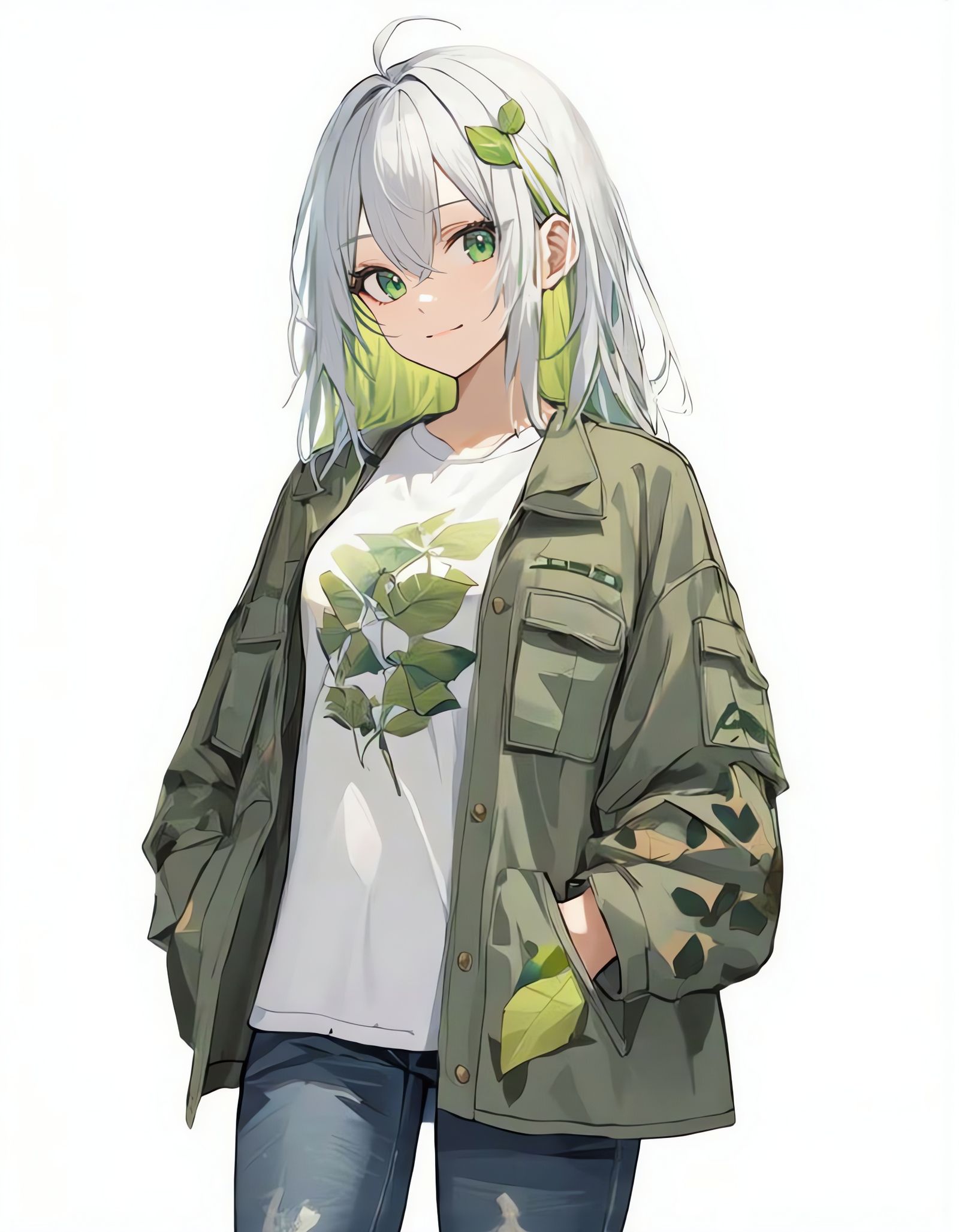 Girl with Green Hair and Leaf Ornament