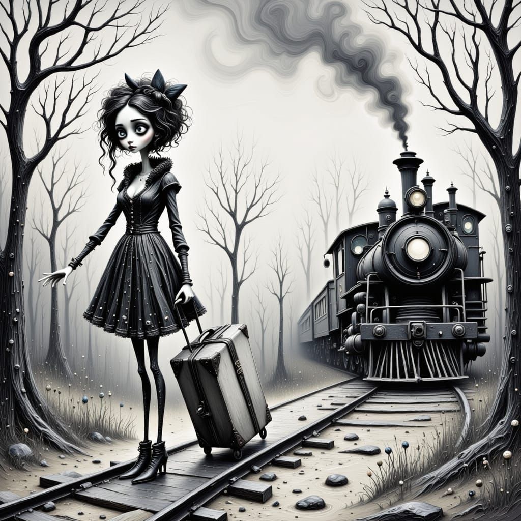Girl on Railway in Burton-esque Style