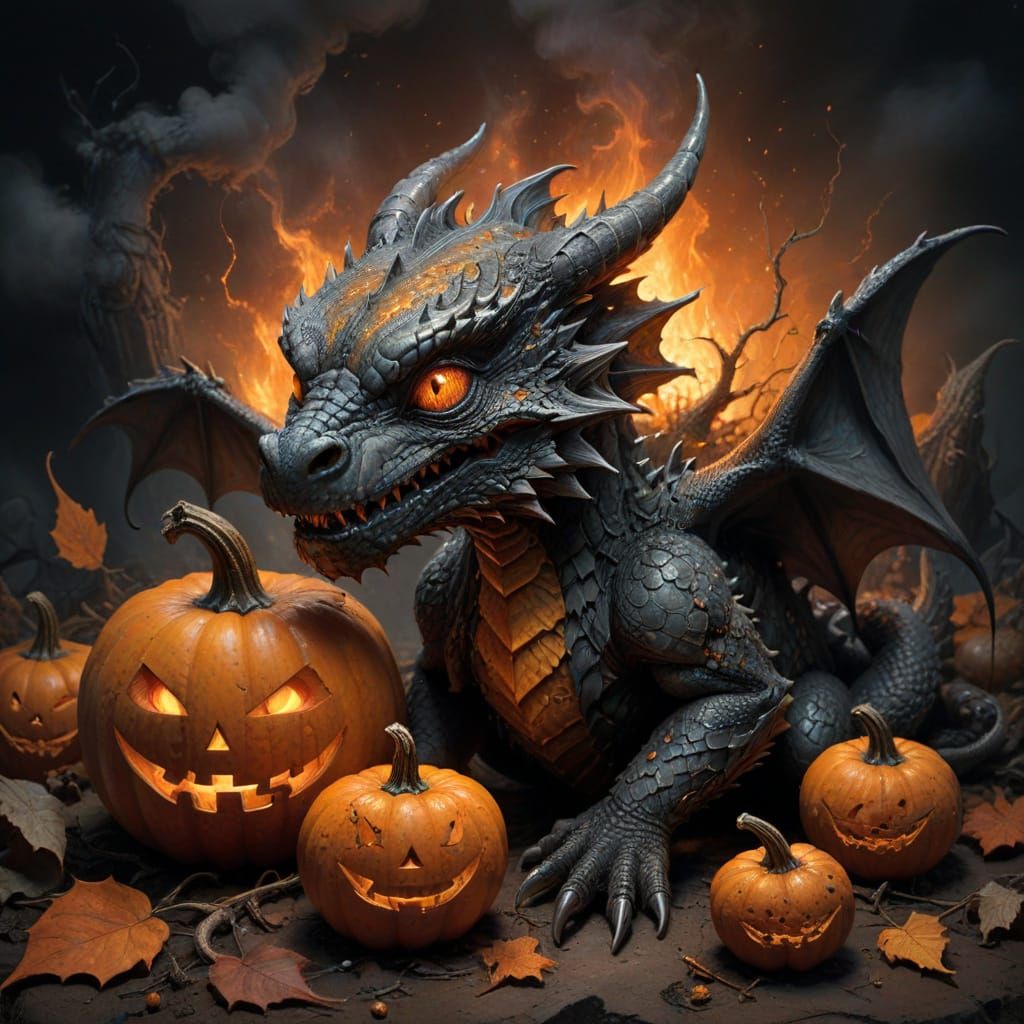 Hyperdetailed Baby Dragon Emerging From Halloween Pumpkins