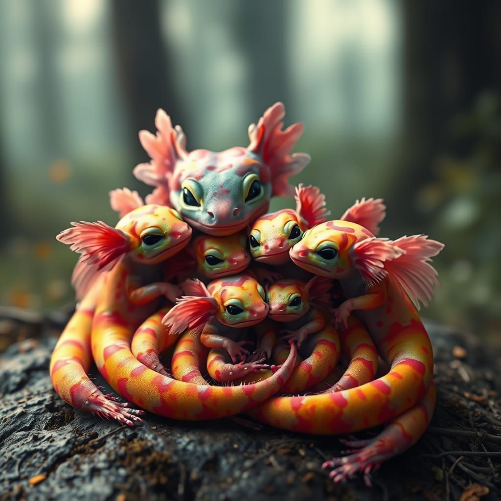 Whimsical Rainbow Axolotl Family in Enchanted Forest