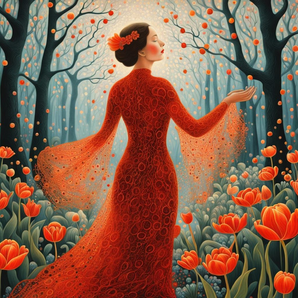 Surreal Dance of Red Clad Figures in Whimsical Forest Landsc...
