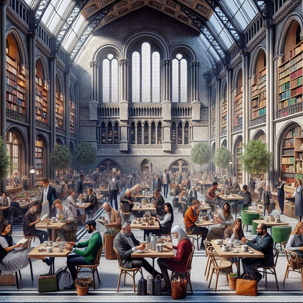 Diverse Crowd in Moody Gothic Cafe Scene