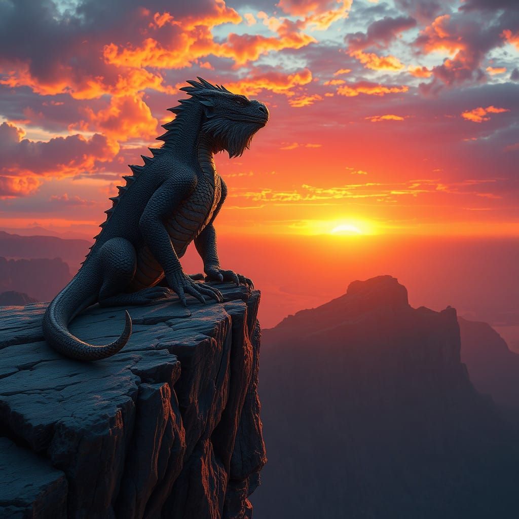 Majestic Dragon Watches Vibrant Sunset Over Ancient Cliff