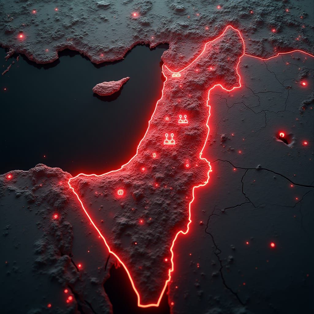 Ominous Digital Map of the Middle East in Vibrant Red and Ne...