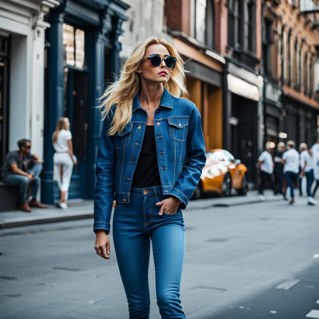 Denim-Clad Woman Striding Down City Street