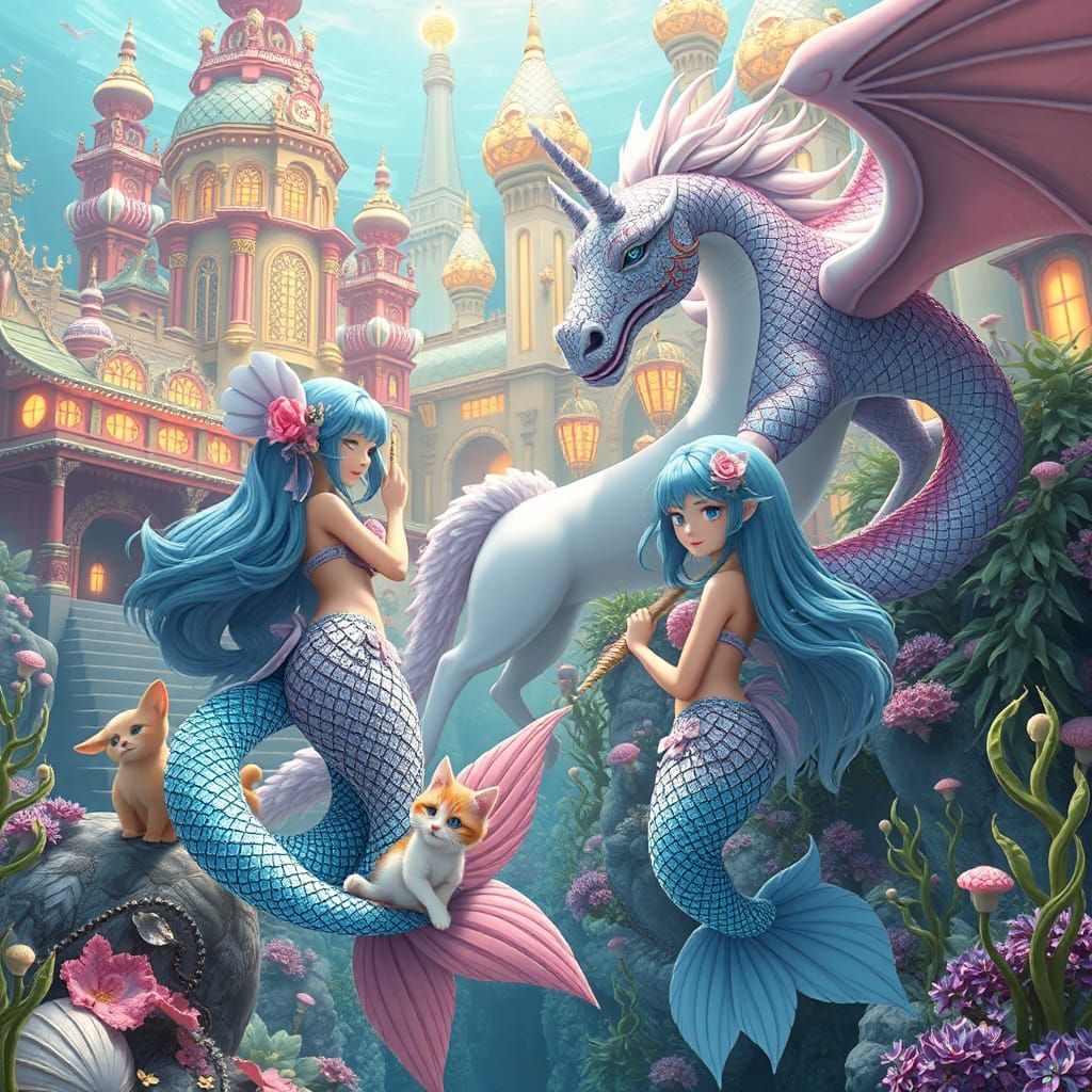 Magical Merfolk and Mythical Creatures Underwater Cityscape