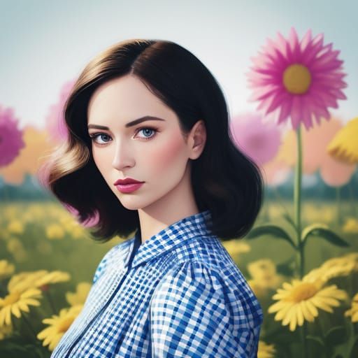 Gingham Goddess in Vibrant Floral Wonderland