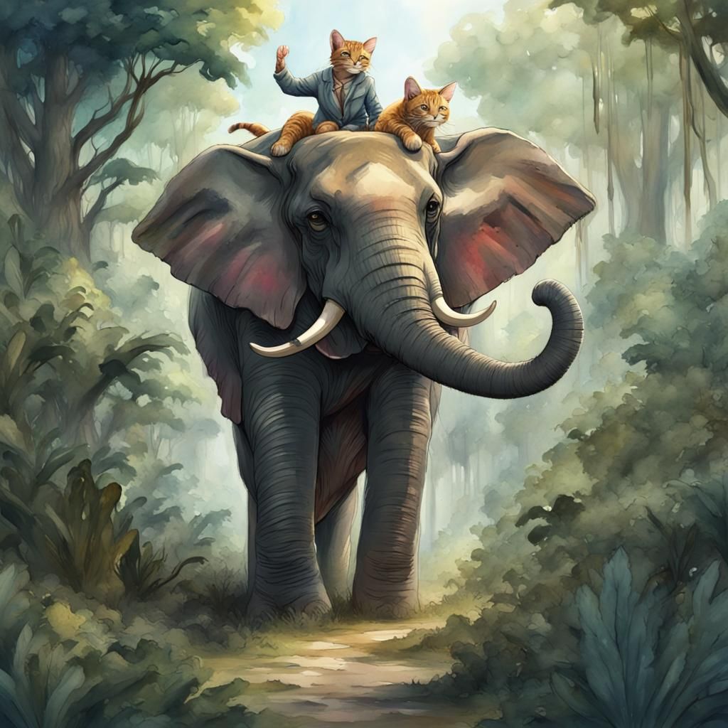 Jungle Cat on Elephant: Cute Watercolour Fantasy