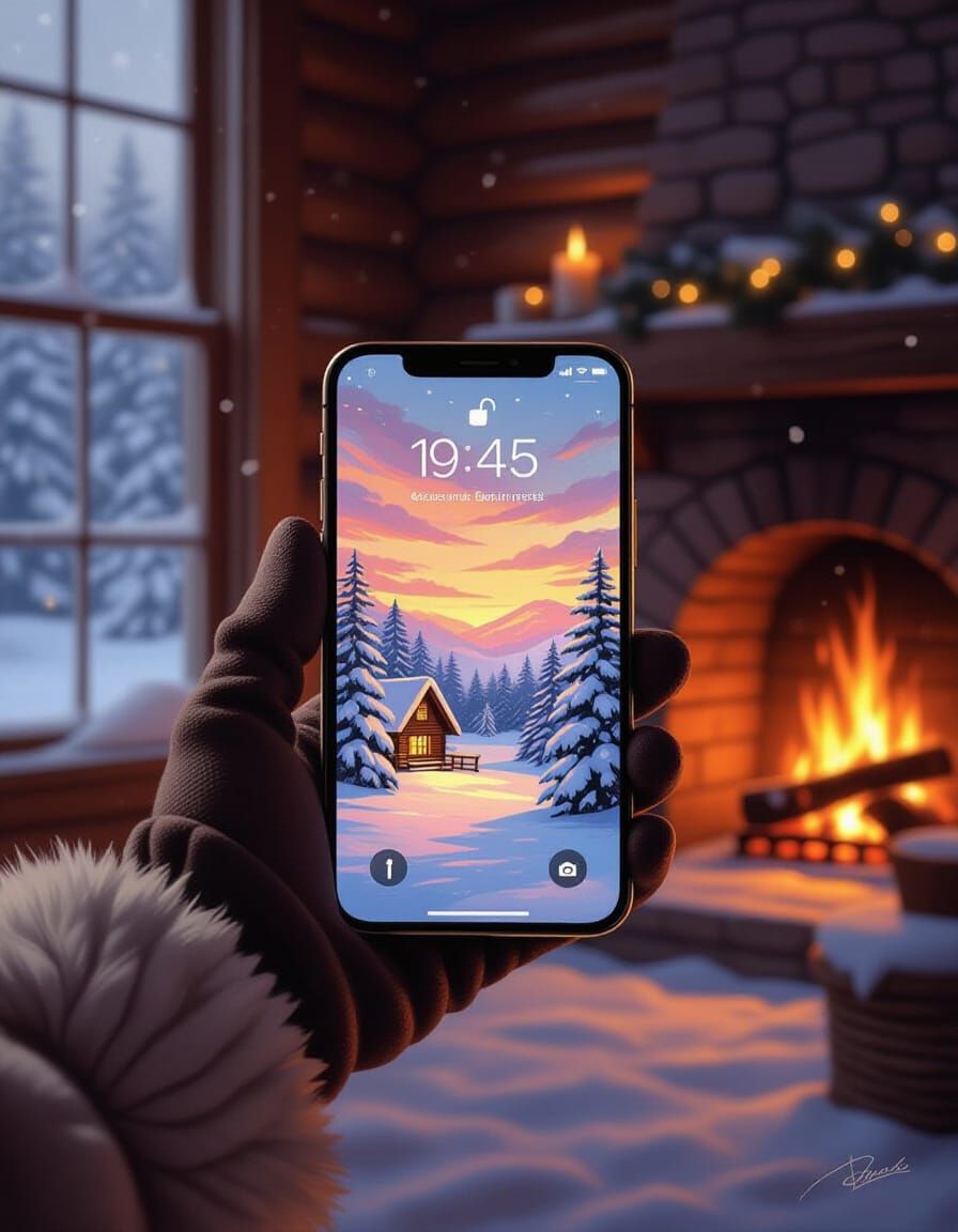 iPhone Screen Displays Painterly Winter Scene in Cozy Cabin