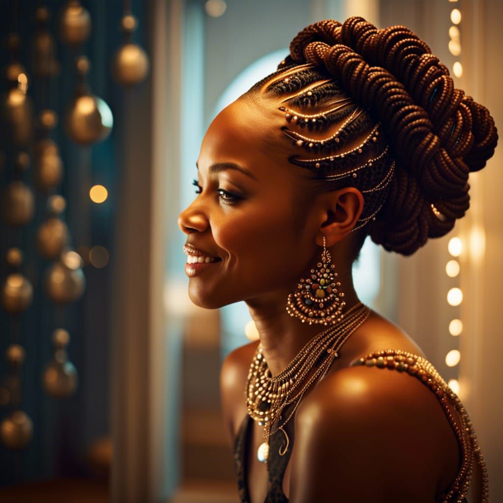 Young Woman with Braids and Shells, Detailed Portrait