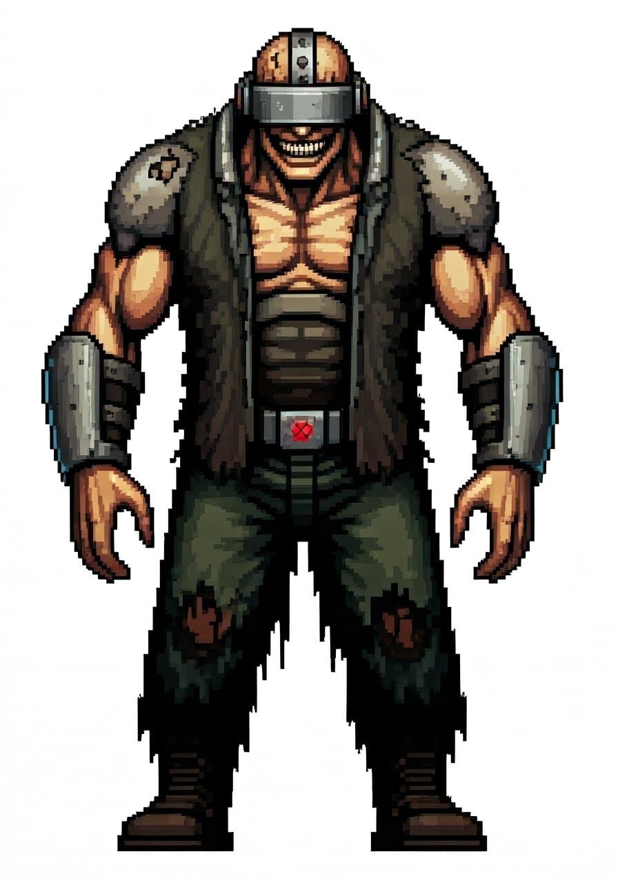 Pixel Art Cyborg with Jaundiced Skin and Creepy Smile